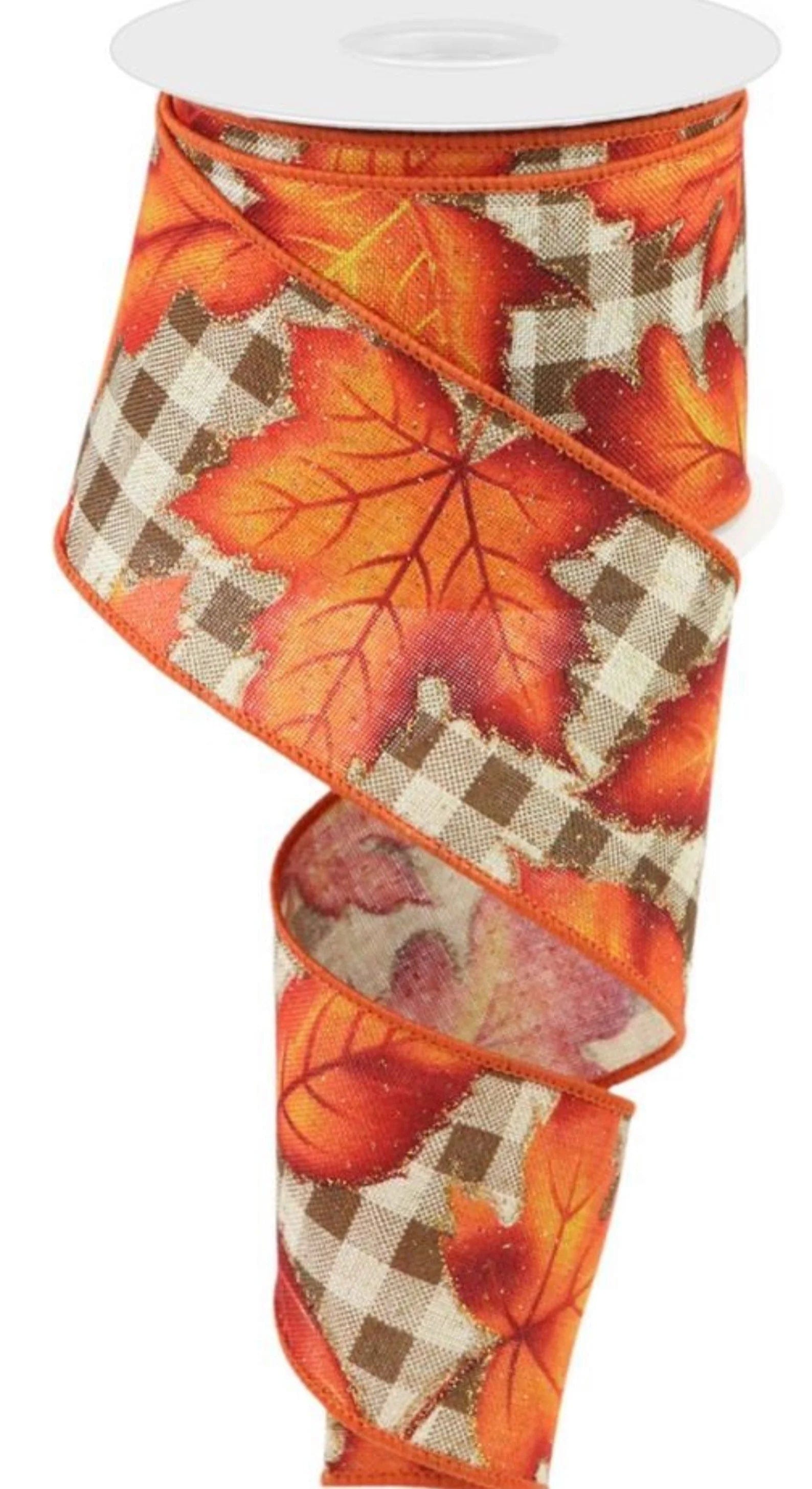 2.5" Fall Leaves on Check Ribbon - Orange/Brown/Cream Craig Bachman Ribbon RH0145