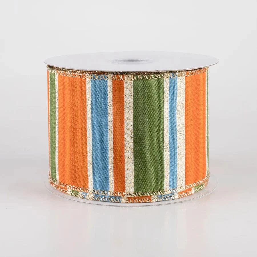 2.5" Ombré Stripes Glitter Ribbon: Rust Orange, Blue & Moss on Cream (10 Yards) Jascotina 61427-40-05