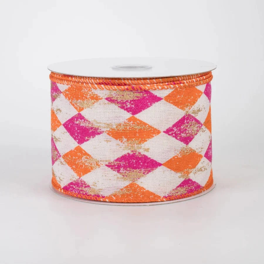 2.5" ORANGE/FUSCHIA FADED HARLEQUIN GOLD METALLIC 10 YARDS Jascotina 51505-40-28
