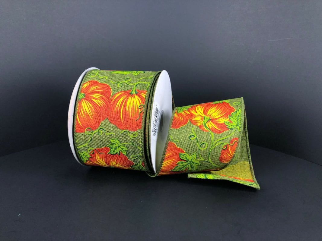 2.5" Pumpkins/Vines Ribbon - Orange/Moss Green Jascotina Ribbon 61218-40-08