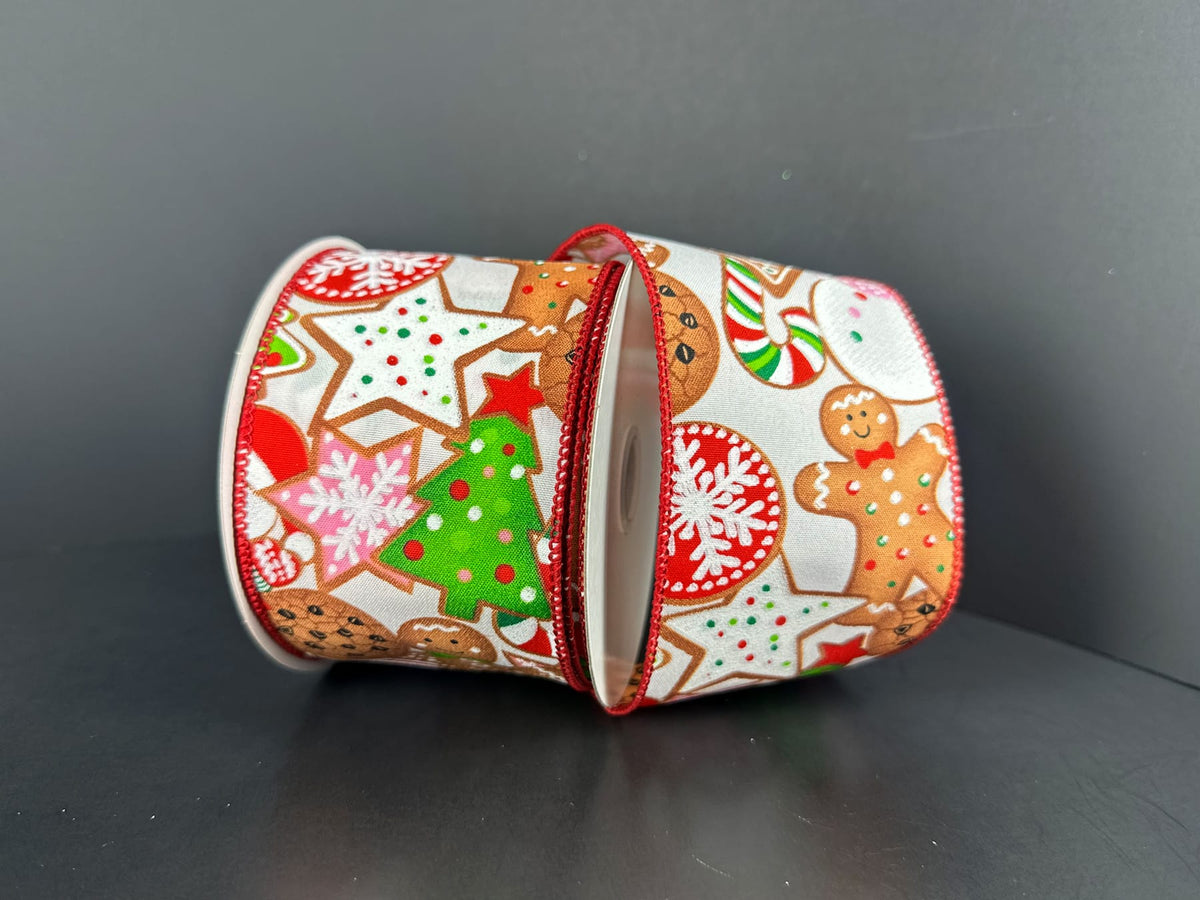 2.5" Satin Overlapping Christmas Cookies Ribbon: White -10 yds Jascotina 71605-40-38