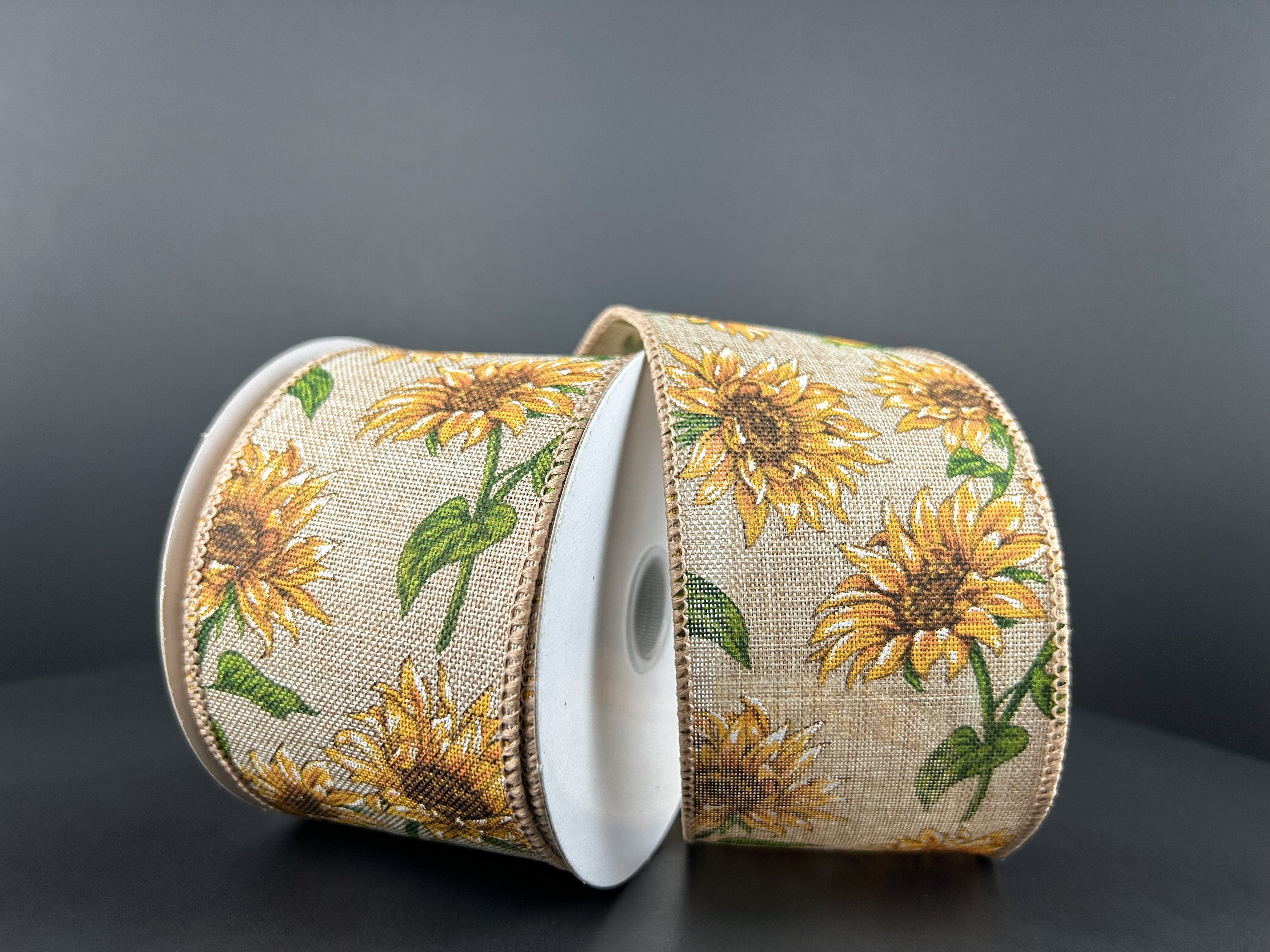 2.5" Sunflower Ribbon - Natural/Dark Yellow/Green Jascotina Ribbon 42442-40-35