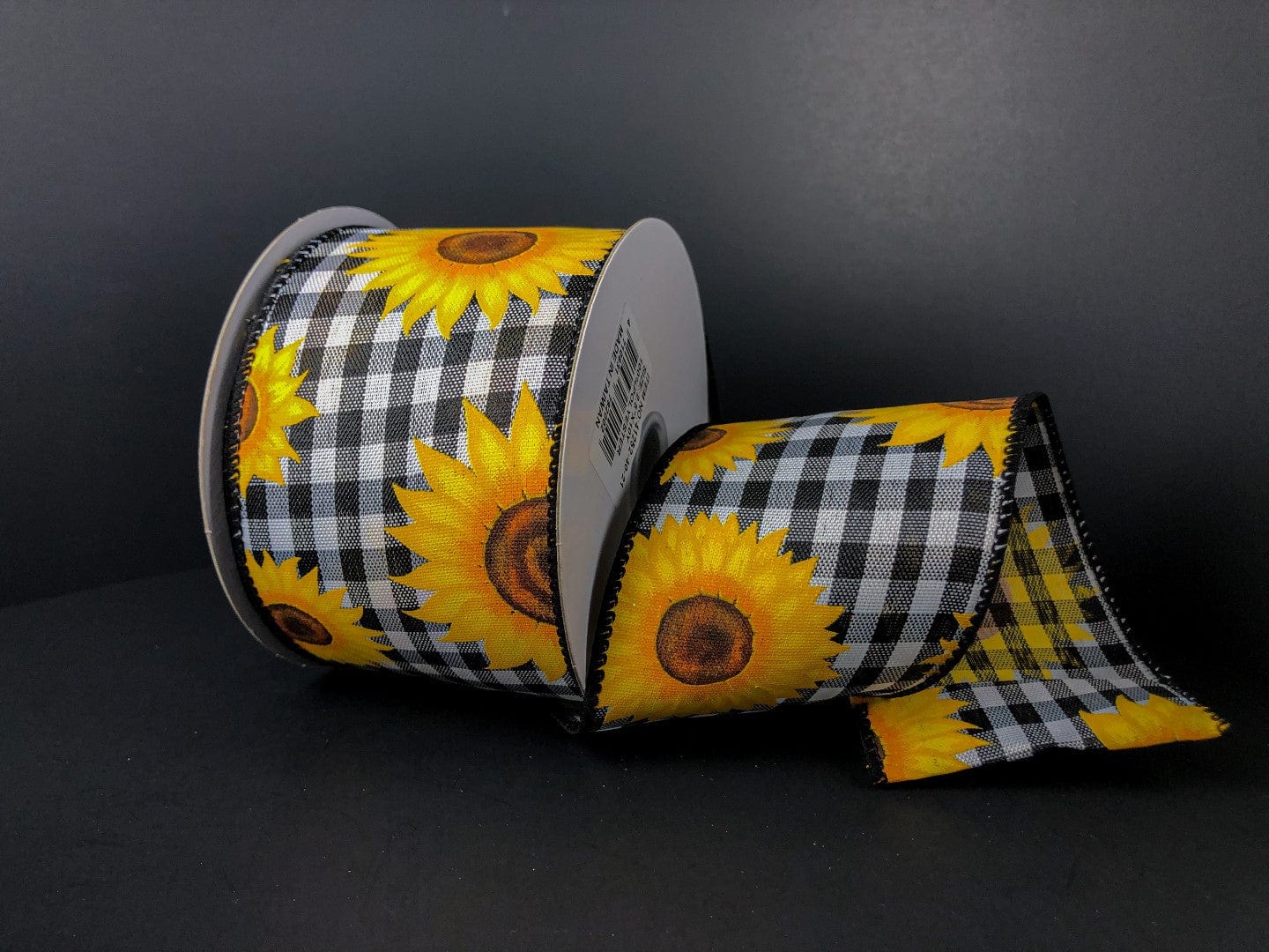 2.5" Sunflowers on Gingham Ribbon - Black/White/Yellow/Brown Jascotina Ribbon 41252-40-21