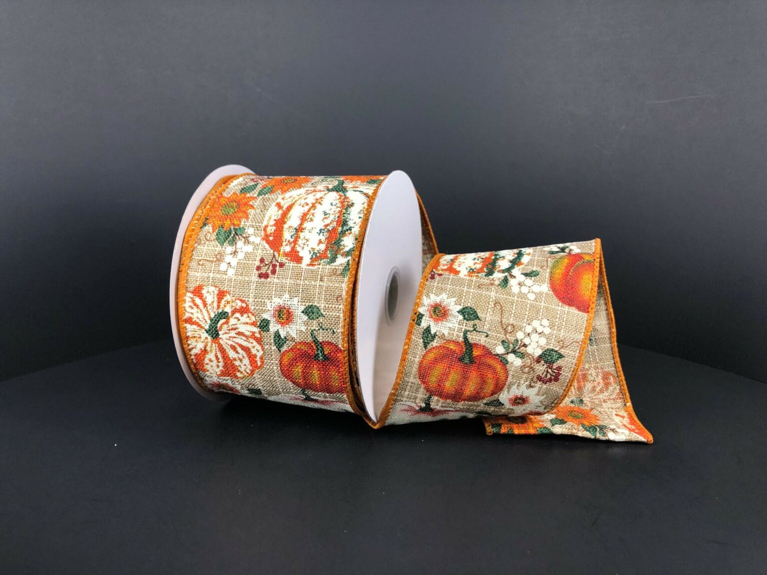 2.5" Textured Linen Pumpkins and Sunflowers Ribbon - Dark Orange/White/Dark Green Jascotina Ribbon 61209-40-31