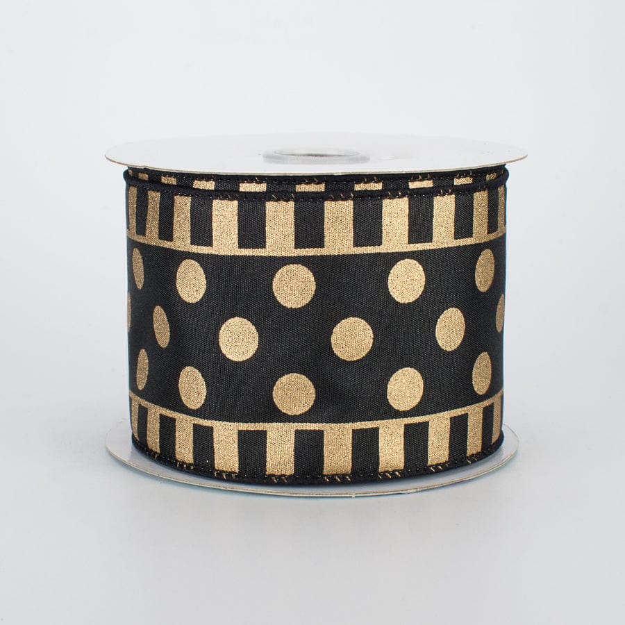 2.5" x 10 yd DOTS AND STRIPES ON SATIN-Black/Gold Craig Bachman RG0137286