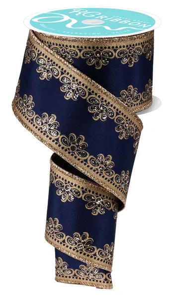 2.5" X 10 YD LUX SCALLOP TRIM RIBBON-NAVY BLUE/GOLD/CHAMPAGNE Craig Bachman RGH103519