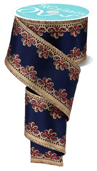 2.5" X 10 YD LUX SCALLOP TRIM RIBBON-NAVY BLUE/GOLD/RED Craig Bachman RGH1035WA