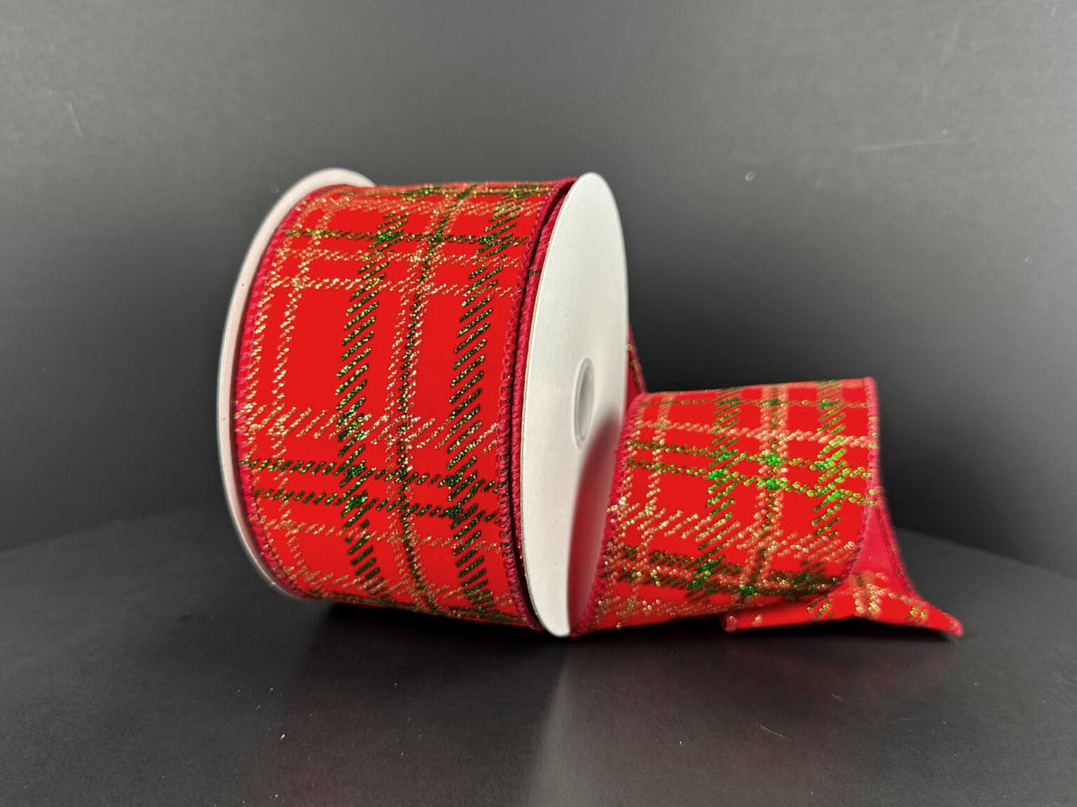 2.5" x 10 YD Red Velvet/Gold=-Green Glitter Plaid Jascotina 71633-40-15