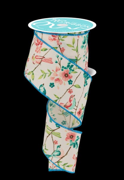 2.5" x 10yd Birds W/Floral Branches - Ivory/Green/Teal/Rose Craig Bachman Ribbon RGE1763YN