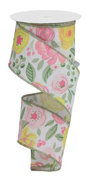 2.5" X 10YD BOLD BLOOMS ON ROYAL - WHITE/PINK/YELLOW/GREEN Craig Bachman RGA1682WT