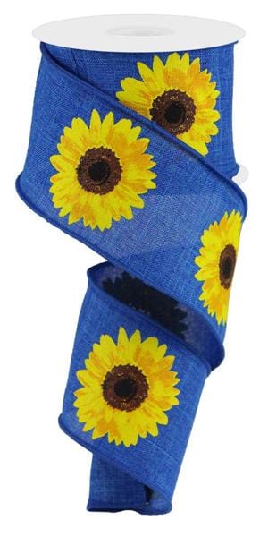 2.5" x 10yd Bold Sunflower On Royal - Royal Blue/Yellow/Orange/Brown Craig Bachman Ribbon RG0181325