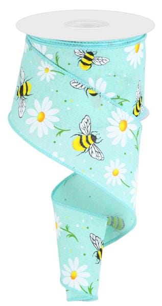 2.5" x 10yd Bumble Bee/Daisy On Royal - Mint/Wht/Ylw/Grn/Org/Blk Shirleys of Collins rgc1848an