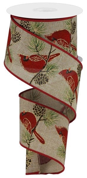 2.5" X 10YD CARDINAL ON BRANCH ON ROYAL - LIGHT BIEGE/RED/GREEN Craig Bachman RGB134901