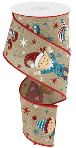 2.5" X 10YD ELVES ON ROYAL BURLAP - LIGHT BEIGE/TURQUOISE/BROWN/RED Craig Bachman RGC176134