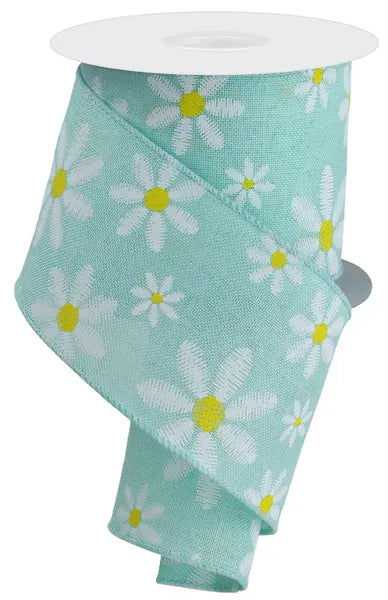 2.5" x 10yd Faux Embroidery Mixed Daisy - Mint/White/Yellow Shirleys of Collins RGE1192AN