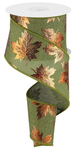2.5" x 10yd Foil Maple Leaf On Royal - Fern/Moss Craig Bachman RIBBON RGC1834EW