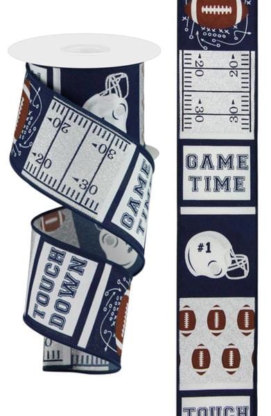 2.5" x 10yd Football Block Pattern - Navy/Silver/Brown Craig Bachman Ribbon RGC115519