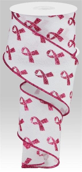 2.5" x 10yd Glitter Breast Cancer - White/Hot Pink Craig Bachman Ribbon RGC109327