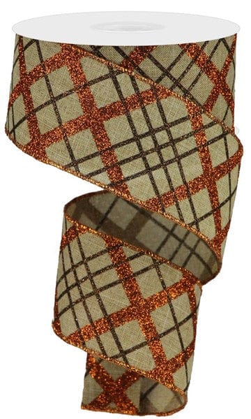 2.5" x 10yd Glitter Diagonal Plaid/Royal - Light Beige/Copper/Brown Craig Bachman Ribbon RGA1223MM