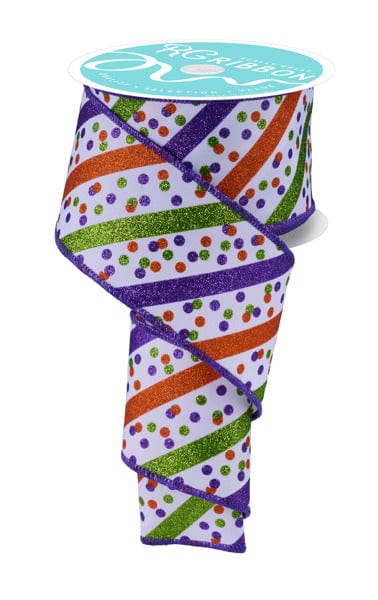 2.5" x 10yd Glitter Stripe W/Confetti Dots - White/Purple/Lime/Orange Craig Bachman RIBBON RGF1993ES