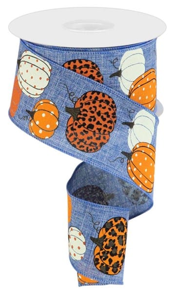 2.5" x 10yd Leopard Pumpkins/Royal - Denim/Cream/Orange/Brown Craig Bachman Ribbon RGC171365