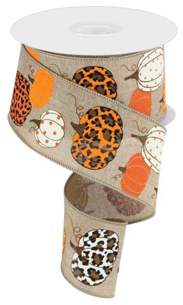 2.5" x 10yd Leopard Pumpkins/Royal - Lt Beige/Cream/Orange/Brown Craig Bachman Ribbon RGC171320