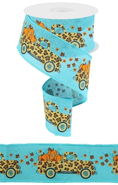 2.5" x 10yd Leopard Truck/Pumpkins/Ryl - Teal/Dark Gold/Brown/Black/Orange Craig Bachman Ribbon RGC1601AN