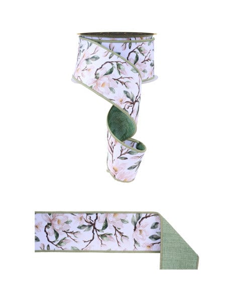 2.5" x 10yd Magnolias/Fused - White/Cream/Green Craig Bachman Ribbon LX101527