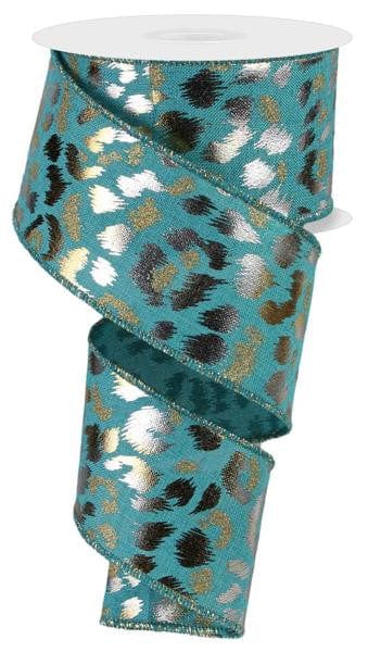 2.5" X 10Yd Metallic/Glitter Leopard - Light Teal/Gold/Silver Craig Bachman RGE1189F3