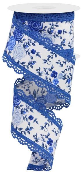 2.5" x 10yd Mini Roses/Lace - White/Multi Blue Craig Bachman Ribbon RGA859225