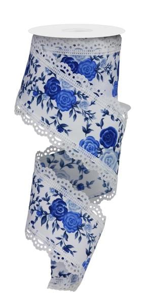 2.5" x 10yd Mini Roses/Lace - White/Multi Blue Craig Bachman Ribbon RGA8592RW