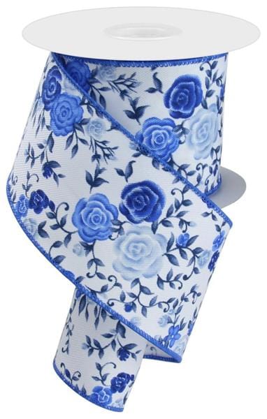 2.5" x 10yd Mini Roses - White/Multi Blue Craig Bachman Ribbon RGE1180RW