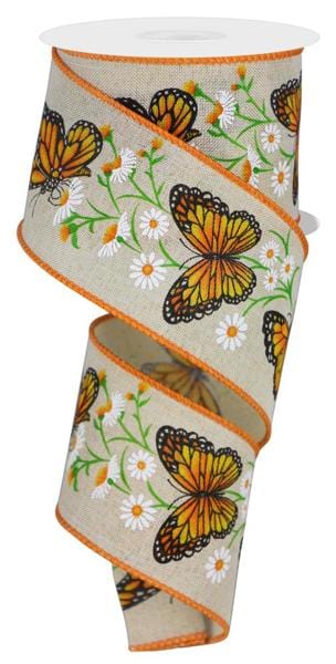 2.5" x 10yd Monarch Butterfly W/Daisies - Cream/Dark Orange/Yellow/Green/White Craig Bachman Ribbon RGE1514C2