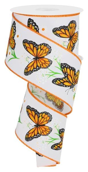 2.5" x 10yd Monarch Butterfly W/Daisies - White/Dark Orange/Yellow/Dark Green Craig Bachman Ribbon RGE150527