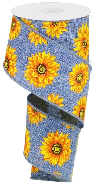 2.5" x 10yd Multi Sunflowers/Royal Burlap - Denim/Yellow/Orange/Rust/Brown Craig Bachman Ribbon RG01873CT