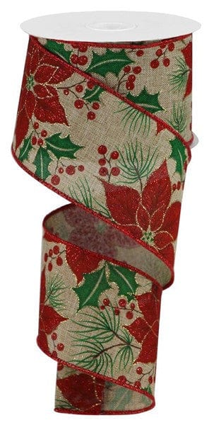 2.5" X 10YD POINSETTIA/HOLLY/PINE/BERRIES - BEIGE/BROWN/RED/GREEN Craig Bachman RGA1841XW