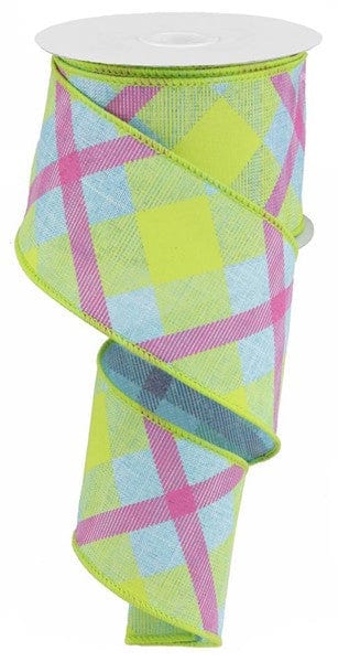 2.5" X 10YD PRINTED PLAID ON ROYAL - BLUE/ LIME GREEN/ HOT PINK Craig Bachman RG0168314