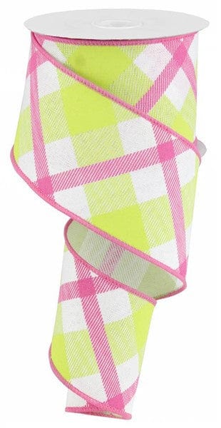 2.5" X 10YD PRINTED PLAID ON ROYAL - WHITE/LIME GREEN/HOT PINK Craig Bachman RG0168327