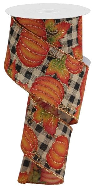 2.5" x 10yd Pumpkin/Leaves On Check - Beige/Orange/Yellow/Green Craig Bachman Ribbon RGA195201