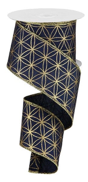 2.5" X 10YD SEAMLESS STARS ON FAUX DUPIONI - NAVY BLUE/GOLD Craig Bachman RGB125419