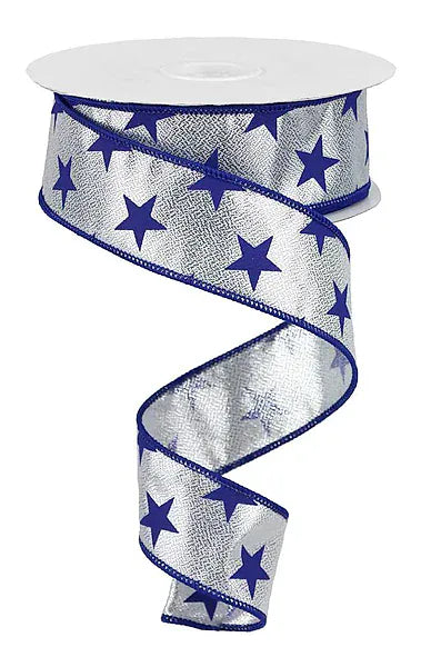 2.5" x 10yd Stars On Metallic - Silver/Navy Blue (Copy) Craig Bachman Ribbon RGA1121T1