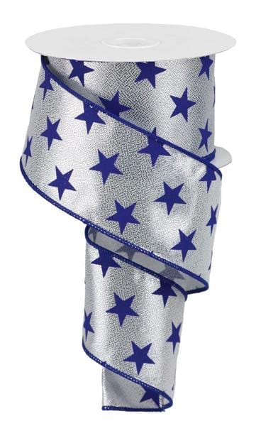 2.5" x 10yd Stars On Metallic - Silver/Navy Blue Craig Bachman Ribbon RGA1122T1