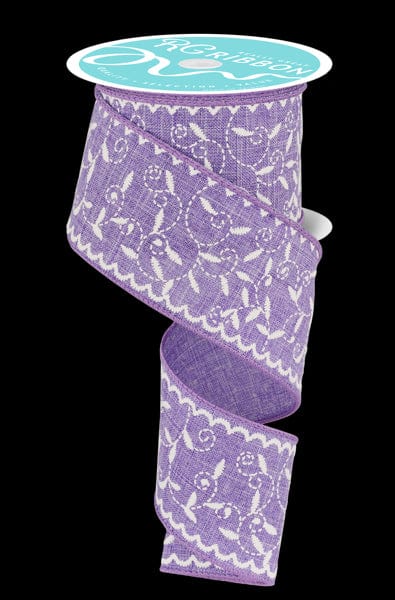 2.5" x 10yd Stitch Mini Leaf/Ryl - Lavender/White Craig Bachman Ribbon 2.5" x 10yd Stitch Mini Leaf/Ryl - Lavender/White