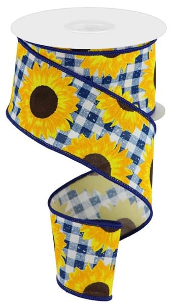 2.5" x 10yd Sunflower On Faux Royal - Dark Blue/Yellow/Orange/Brown Craig Bachman Ribbon RGC171203