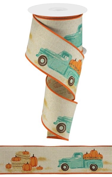 2.5" x 10yd Truck W/Pumpkins On Royal - Light Natural/Teal/Orange Craig Bachman Ribbon RG01836NF