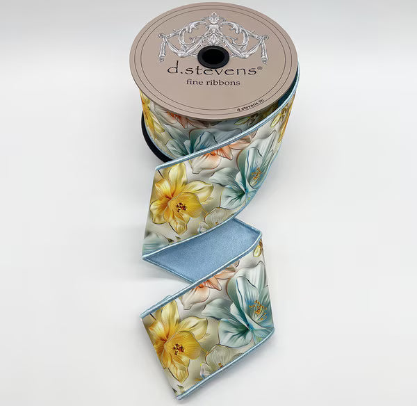 2.5" x 10yds taffeta acrylic mix colorful spring flowers, coral yellow blue NO TWO ALIKE D.Stevens 45-0235