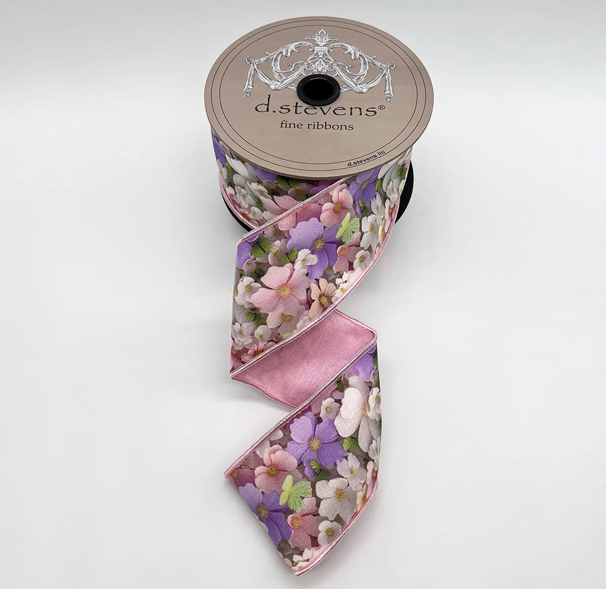 2.5" x 10yds taffeta collage cosmo flowers, pink lavender ivory NO TWO ALIKE D.Stevens 18-0226