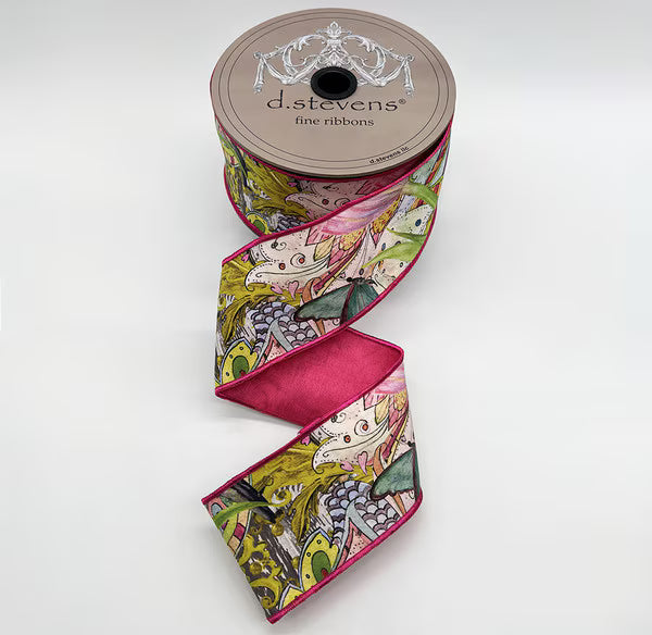 2.5" x 10yds taffeta collage floral butterfly bird hot pink back, lime aqua blue NO 2 ALIKE D.Stevens 45-0271