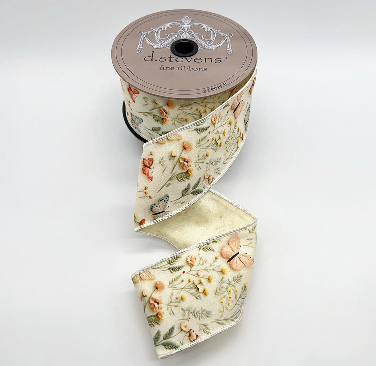 2.5" x 10yds taffeta spring floral butterflies, pink celadon ivory NO TWO ALIKE D.Stevens 18-0229