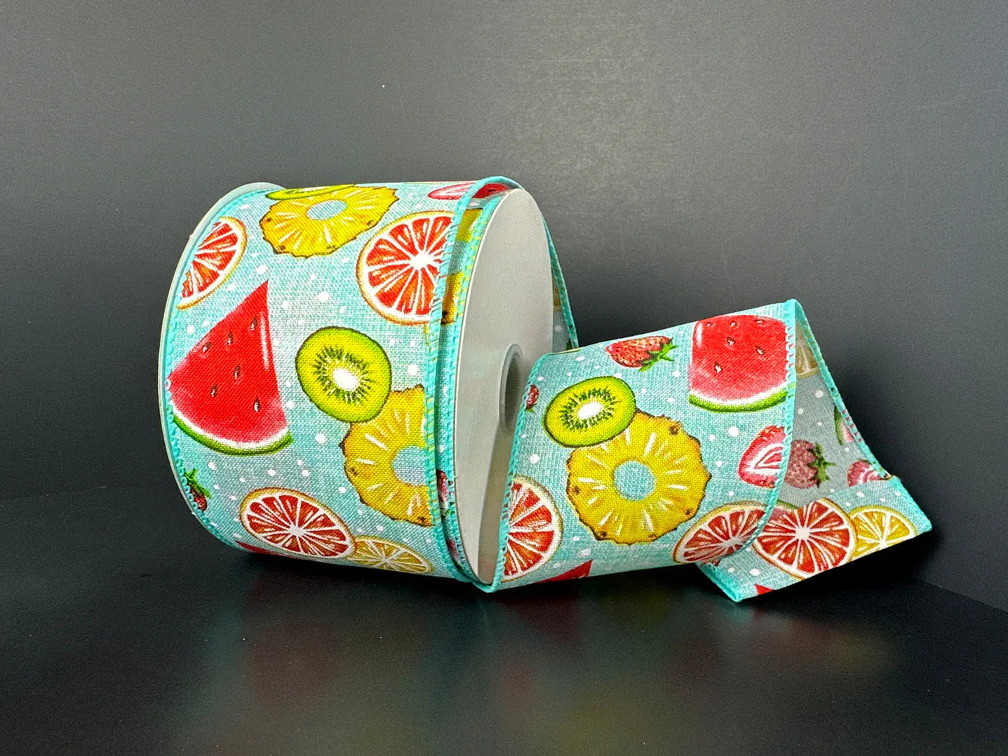 2.5"X10Y Aqua Satin Fruit Collage White Dots Ribbon Shirleys of Collins 41527-40-45
